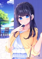 Rule 34 | 1girl, bag, black hair, blue eyes, blue sky, blush, braid, chair, chikuwa., cloud, collarbone, commentary request, crown braid, day, dress, finger to mouth, hands up, head tilt, highres, jacket, long hair, looking at viewer, ocean, original, outdoors, parasol, parted lips, short sleeves, sky, solo, table, tree, umbrella, water, white dress, yellow jacket