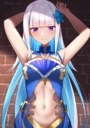 Rule 34 | 1girl, absurdres, armpits, arms up, bare arms, bare shoulders, blue dress, blue flower, blue hair, blunt bangs, blush, breasts, brick wall, closed mouth, commentary request, dated, dress, flower, hair flower, hair ornament, highres, hirota fruit, lize helesta, long hair, looking at viewer, medium breasts, multicolored hair, navel, nijisanji, purple eyes, sleeveless, sleeveless dress, solo, twitter username, two-tone hair, very long hair, virtual youtuber, white hair