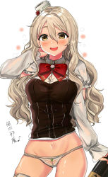 Rule 34 | 1girl, absurdres, alcohol, bad id, bad pixiv id, blurry, blush, bottle, bow, bowtie, breasts, brown eyes, collared shirt, corset, eyes visible through hair, grey hair, groin, hair between eyes, hand in own hair, hat, highres, holding, holding bottle, kantai collection, lace, lace panties, large breasts, long hair, long sleeves, looking at viewer, mini hat, navel, open mouth, panties, pola (kancolle), shiny skin, shirt, simple background, skindentation, skirt, unworn skirt, smile, solo, sparkle, standing, stomach, tareme, thighhighs, thighs, underwear, wavy hair, wenquangua, white background, white shirt, white thighhighs, wine