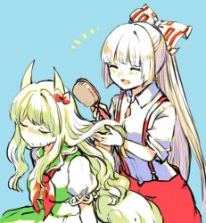 Rule 34 | 2girls, blue background, blush, bow, breasts, brushing hair, closed eyes, closed mouth, collared dress, collared shirt, commentary request, dress, ex-keine, fujiwara no mokou, green dress, green hair, hair between eyes, hair bow, hair brush, hands up, horns, kamishirasawa keine, long hair, medium breasts, multicolored bow, multiple girls, neck ribbon, open mouth, pants, puffy short sleeves, puffy sleeves, red bow, red pants, red ribbon, ribbon, shirt, short sleeves, shukinuko, simple background, sitting, smile, standing, sweat, sweatdrop, touhou, white bow, white hair, white shirt
