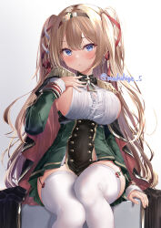 Rule 34 | 1girl, absurdres, azur lane, blonde hair, blue eyes, breasts, garter straps, gorizia (azur lane), gradient background, hair ribbon, highres, large breasts, long hair, long sleeves, looking at viewer, makihige, military uniform, red ribbon, ribbon, sideboob, sitting, solo, thighhighs, twitter username, two side up, uniform, white thighhighs