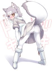Rule 34 | 1girl, animal ears, ass, bent over, blue eyes, blush, boots, bright pupils, cameltoe, dog (mixed breed) (kemono friends), dog ears, dog tail, elbow gloves, female focus, from behind, full body, gloves, heterochromia, kemono friends, kneepits, leaning forward, looking at viewer, looking back, multicolored hair, pantyhose, presenting, pussy juice, short hair, skirt, solo, sweat, tail, tail raised, thighs, twitter username, wet, wet clothes, wet pantyhose, white hair, white pantyhose, yamai