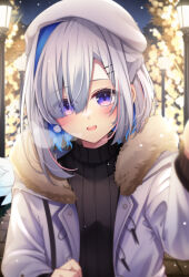 Rule 34 | 1girl, absurdres, adapted costume, amane kanata, beret, black sweater, blue hair, braid, breath, coat, colored inner hair, commentary, earrings, french braid, fur-trimmed coat, fur trim, grey hair, hair ornament, hairclip, half updo, hat, highres, hololive, jewelry, light smile, long sleeves, looking at viewer, multicolored hair, night, pom pom (clothes), pom pom earrings, purple eyes, ribbed sweater, short hair, snowing, solo, sweater, tsukasa tsubasa, turtleneck, turtleneck sweater, upper body, virtual youtuber, white coat, white hat, winter uniform