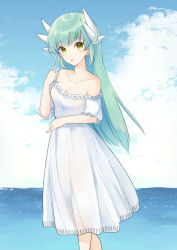 Rule 34 | 1girl, aqua hair, bare shoulders, blue sky, breasts, cleavage, cloud, collarbone, day, dress, fate/grand order, fate (series), highres, horns, kamekichi (kamekiti), kiyohime (fate), long hair, off-shoulder dress, off shoulder, open mouth, outdoors, see-through, see-through dress, short sleeves, sky, small breasts, solo, standing, straight hair, summer, sundress, very long hair, white dress, yellow eyes