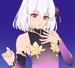 Rule 34 | 1girl, bare shoulders, blue background, detached sleeves, earrings, fate/grand order, fate (series), fingernails, flat chest, gradient background, hair ribbon, hand on own chest, ibuki notsu, jewelry, kama (fate), kama (first ascension) (fate), looking at viewer, medium hair, parted lips, red eyes, red ribbon, ribbon, solo, upper body, white hair