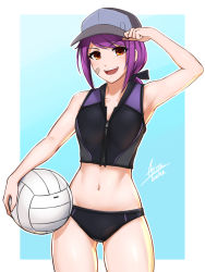 Rule 34 | 1girl, :d, absurdres, airisubaka, arm up, armpits, ball, bandaid, bandaid on cheek, bandaid on face, bare arms, bare shoulders, baseball cap, black ribbon, blue background, breasts, brown hair, cleavage, collarbone, commentary, cowboy shot, english commentary, eyes visible through hair, hair ribbon, hand on headwear, hat, highres, holding, holding ball, leah (airisubaka), long hair, looking at viewer, low ponytail, midriff, navel, open mouth, original, outline, purple hair, ribbon, signature, simple background, smile, solo, teeth, upper teeth only, v-shaped eyebrows, volleyball (object), white outline