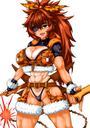 Rule 34 | 1girl, abs, belt, bikini, black bikini, black gloves, bombergirl, breasts, brown belt, brown hair, brown tail, camouflage, camouflage ribbon, cleavage, covered collarbone, dual wielding, eyepatch, fang, fingerless gloves, fur trim, fuse, fuse tail, gloves, groin, hair between eyes, hair intakes, hair ribbon, highleg, highleg bikini, highres, holding, holding sword, holding weapon, large breasts, legs apart, lit fuse, long hair, messy hair, muscular, muscular female, one-piece tan, open mouth, orange eyes, oren (bombergirl), pansy orchid, ponytail, ribbon, sheath, short sleeves, simple background, solo, swimsuit, sword, tail, tan, tanline, unzipped, weapon, white background, zipper, zipper pull tab