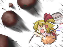 Rule 34 | anger vein, apron, blonde hair, butterfly net, clothes writing, fangs, fleeing, flying, food, frilled sleeves, frills, goma (gomasamune), hair ribbon, hand net, lacrosse stick, legs, meatball, mikoto freesia scarlet (goma), open mouth, original, ribbon, shaded face, shouting, side ponytail, skirt, solo, touhou, wings