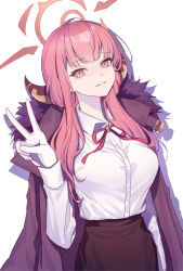 Rule 34 | 1girl, aru (blue archive), blue archive, danxing aipangzi, fur-trimmed jacket, fur trim, halo, highres, horns, jacket, jacket on shoulders, looking at viewer, neck ribbon, parted lips, pink eyes, pink hair, ribbon, shirt, shirt tucked in, skirt, solo, v, white shirt