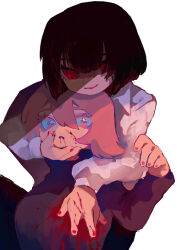 Rule 34 | 2girls, black hair, black sweater, blood, blood on clothes, blood on face, blue eyes, breasts, collared shirt, commentary request, faust (project moon), highres, large breasts, limbus company, long sleeves, looking at viewer, mochigome 138, multiple girls, parted lips, project moon, red nails, ryoshu (project moon), shirt, short hair, simple background, smile, sweater, upper body, white background, white hair, white shirt, yuri