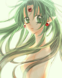 Rule 34 | 1990s (style), 1girl, bad id, bad pixiv id, earrings, facial mark, female focus, finn fish, forehead mark, green eyes, green hair, green theme, highres, jewelry, kamikaze kaitou jeanne, long hair, looking at viewer, matching hair/eyes, paranoitic-sr69, pointy ears, retro artstyle, solo, topless frame, upper body