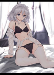 Rule 34 | 1girl, absurdres, arm support, bare shoulders, black bra, black panties, blue eyes, blurry, blurry background, bra, braid, breasts, collarbone, crossed bangs, day, foot out of frame, garter belt, gluteal fold, hair between eyes, highres, indoors, izayoi sakuya, light blush, light rays, long sleeves, looking at viewer, maid headdress, medium hair, navel, off shoulder, on bed, open clothes, open shirt, panties, parted lips, shirt, side braids, silver hair, sitting, small breasts, smile, solo, sudako (dai011305), thighhighs, touhou, twin braids, underwear, white curtains, white headwear, white shirt, white thighhighs, window, yokozuwari