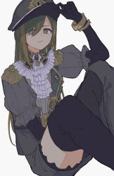 Rule 34 | 1girl, absurdres, adxrhk, aiguillette, alternate costume, bracelet, cuffs, feet out of frame, green hair, grey footwear, grey shirt, hair between eyes, hand on headwear, handcuffs, hat, highres, idolmaster, idolmaster shiny colors, jewelry, layered ascot, long hair, looking at viewer, military uniform, nanakusa nichika, peaked cap, puffy short sleeves, puffy sleeves, shirt, short sleeves, simple background, sitting, solo, uniform, very long hair, white background