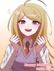 Rule 34 | 1girl, :d, ahoge, akamatsu kaede, blonde hair, breasts, brown necktie, collared shirt, danganronpa (series), danganronpa v3: killing harmony, dated, fortissimo, gradient background, hair ornament, hands up, happy birthday, highres, large breasts, long hair, musical note, musical note hair ornament, necktie, open mouth, pink sweater vest, purple eyes, shirt, smile, solo, sparkle, suiren yurei, sweater vest, teeth, upper body, upper teeth only, white shirt