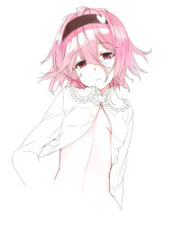 Rule 34 | 1girl, breasts, female focus, hair between eyes, hairband, komeiji satori, kurokuro, looking at viewer, open clothes, partially colored, pink eyes, pink hair, short hair, simple background, sketch, small breasts, solo, touhou, upper body, white background