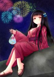 Rule 34 | 1girl, absurdres, aerial fireworks, bag, black hair, breasts, brown eyes, fireworks, fish, goldfish, hair ornament, highres, japanese clothes, kimono, kirimoti34, long hair, looking down, medium breasts, mole, mole under eye, open clothes, original, sandals, sitting, sky, smile, solo, star (sky), starry sky, unmoving pattern