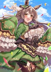 Rule 34 | 1girl, absurdres, animal ears, blue sky, blush, breasts, brown corset, brown hair, center frills, cloud, cloudy sky, commentary request, confetti, corset, diamond (shape), ear ornament, frilled sleeves, frills, green jacket, green skirt, hachiroku (hatirokusann86), highres, horse ears, horse girl, horse tail, jacket, large breasts, layered skirt, long hair, looking at viewer, multicolored hair, open mouth, satono diamond (umamusume), shirt, skirt, sky, sleeves past fingers, sleeves past wrists, smile, solo, streaked hair, tail, umamusume, white hair, white shirt, yellow eyes
