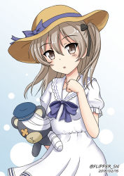 Rule 34 | 10s, 1girl, alternate costume, bandages, black ribbon, blue background, blue bow, blue hat, boko (girls und panzer), bow, brown hat, cast, casual, collar, commentary, dated, dress, flipper, frilled collar, frilled sleeves, frills, girls und panzer, gradient background, hair ribbon, hat, hat bow, holding, holding stuffed toy, light brown hair, long hair, looking at viewer, medium dress, one-hour drawing challenge, parted lips, polka dot, polka dot background, puffy short sleeves, puffy sleeves, ribbon, shimada arisu, short sleeves, side ponytail, solo, standing, stuffed animal, stuffed toy, sun hat, teddy bear, twitter username, upper body, white dress