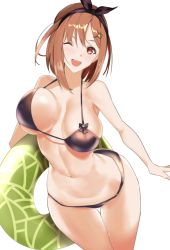 Rule 34 | 1girl, akire (akireru shoujo), atelier (series), atelier ryza, bikini, bikini bottom only, black bikini, blush, bouncing breasts, bow, breasts, brown hair, cleavage, cowboy shot, female focus, groin, hair bow, happy, holding, innertube, large breasts, legs, legs together, light blush, looking at viewer, medium hair, navel, one eye closed, open mouth, orange eyes, reisalin stout, simple background, smile, solo, standing, sweat, swim ring, swimsuit, thigh gap, thighs, unaligned breasts, white background, wink