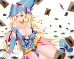 Rule 34 | 1girl, aqua eyes, arm support, bare shoulders, blonde hair, boots, breasts, calcio, card, choker, cleavage, collarbone, dark magician girl, detached sleeves, duel monster, floating card, hat, highres, large breasts, long hair, looking at viewer, pentagram, sitting, smile, solo, very long hair, wizard hat, yu-gi-oh!
