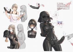 Rule 34 | 2girls, absurdres, arms behind back, bdsm, black bodysuit, bodysuit, bound, bound arms, breathing tube, breathplay, commentary request, controller, cosplay, dildo, faceless, faceless female, green eyes, grin, highres, kigurumi, latex, latex bodysuit, mask, multiple girls, object insertion, original, ponytail, remote control, remote control vibrator, sex toy, shiny clothes, skin tight, smile, spoken squiggle, squiggle, trevor25527766, vaginal, vaginal object insertion, vibrator, white background