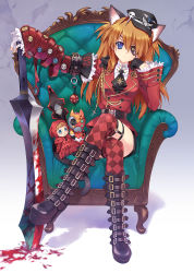 Rule 34 | 10s, 1girl, alternate costume, animal ears, argyle, argyle clothes, argyle legwear, armchair, bad id, bad pixiv id, bandages, black gloves, blood, bloody weapon, blue eyes, boots, brown hair, carnelian, cat ears, cat tail, chair, crossed legs, evangelion: 3.0 you can (not) redo, eyepatch, gloves, green upholstery, hat, kemonomimi mode, long hair, looking at viewer, md5 mismatch, neon genesis evangelion, patterned legwear, rebuild of evangelion, sitting, solo, souryuu asuka langley, sword, tail, thighhighs, weapon