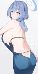 Rule 34 | 1girl, ako (blue archive), ako (dress) (blue archive), ass, backless dress, backless outfit, bare shoulders, blue archive, blue eyes, blue hair, blush, breasts, bursting breasts, butt crack, dress, enosan, frown, highres, large breasts, looking at viewer, looking back, solo, underboob