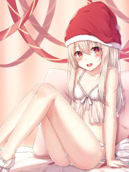 Rule 34 | 1girl, :d, akira (been0328), ass, babydoll, bad id, bad pixiv id, bare arms, bare shoulders, blush, breasts, christmas, collarbone, commentary request, fate/kaleid liner prisma illya, fate (series), feet out of frame, fur-trimmed headwear, fur trim, hair between eyes, hat, high heels, illyasviel von einzbern, knees up, light brown hair, long hair, open mouth, panties, red eyes, red hat, santa hat, sitting, small breasts, smile, solo, teeth, underwear, underwear only, upper teeth only, very long hair, white footwear, white panties