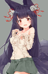 Rule 34 | 10s, 1girl, alternate costume, animal ears, aran sweater, bad hands, bell, blush, breasts, brown sweater, cable knit, casual, collarbone, contemporary, erune, fang, fox ears, fox tail, granblue fantasy, hair bell, hair ornament, highres, long hair, looking at viewer, minikon, miniskirt, off-shoulder, off-shoulder sweater, off shoulder, open mouth, red eyes, skirt, smile, solo, sweater, tail, very long hair, yuel (granblue fantasy)