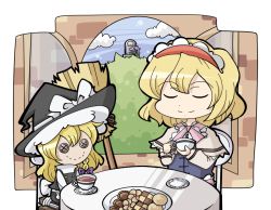 Rule 34 | 1girl, alice margatroid, bad id, bad pixiv id, broom, character doll, cookie, closed eyes, female focus, flower, food, grave, hat, indoors, kirisame marisa, kuzugitsune (inarikami), nature, plant, sky, smile, solo, tea, touhou, witch, witch hat