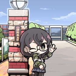 Rule 34 | 1girl, black hair, black pantyhose, black skirt, blue sky, braid, building, cevio, chibi, closed mouth, feet out of frame, from side, glasses, green eyes, green jacket, hanakuma chifuyu, hand up, jacket, long hair, long sleeves, looking at viewer, low twin braids, lowres, moyasiwhite, one eye closed, otaru (hokkaido), outdoors, pantyhose, plaque, pleated skirt, real world location, school, second-party source, skirt, sky, smile, solo, synthesizer v, translation request, tree, twin braids, waving