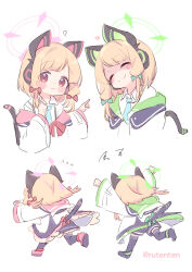 Rule 34 | 2girls, anger vein, animal ear headphones, animal ears, aqua necktie, black thighhighs, blonde hair, blue archive, blush, bow, cat tail, closed mouth, collared shirt, fake animal ears, false smile, flying sweatdrops, green bow, green halo, hair bow, halo, headphones, highres, jacket, long sleeves, midori (blue archive), momoi (blue archive), multiple girls, necktie, open clothes, open jacket, pink halo, red bow, red hair, ruten (onakasukusuku), shaded face, shirt, short hair, siblings, simple background, sisters, smile, tail, thighhighs, twintails, twitter username, white background, white jacket, white shirt