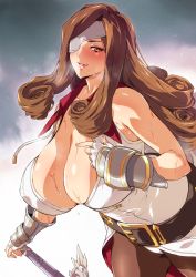 Rule 34 | 1girl, bare shoulders, beatrix, belt, black belt, blush, breasts, brown eyes, brown hair, cleavage, closed mouth, collared shirt, covered erect nipples, drill hair, elbow gloves, eyepatch, final fantasy, final fantasy ix, gauntlets, gloves, highres, holding, holding sword, holding weapon, large breasts, leaning forward, lips, long hair, looking at viewer, save the queen, shirt, simple background, sleeveless, sleeveless shirt, solo, square enix, standing, sweat, sword, upper body, weapon, white background, white shirt, yajiro masaru
