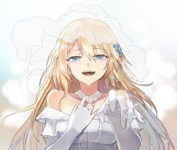 Rule 34 | 1girl, bare shoulders, blonde hair, blue eyes, blurry, blurry background, bridal veil, choker, dress, earrings, flower, g36 (girls&#039; frontline), g36 (pure white cornflower) (girls&#039; frontline), girls&#039; frontline, glint, gloves, hair between eyes, hair flower, hair ornament, hand on own chest, happy, happy tears, jewelry, long hair, looking at viewer, official alternate costume, open mouth, ornate ring, outstretched arm, pov, ring, smile, solo, strapless, strapless dress, tears, upper body, veil, vikpie, wedding band, wedding dress, white gloves