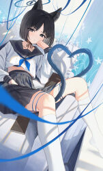 Rule 34 | 1girl, absurdres, animal ears, black eyes, black hair, black sailor collar, black skirt, blue archive, blue neckerchief, book, cat ears, cat tail, closed mouth, collarbone, commentary request, eyeliner, hidulume, highres, kikyou (blue archive), long sleeves, looking at viewer, makeup, multiple tails, neckerchief, pleated skirt, red eyeliner, sailor collar, short hair, skirt, socks, solo, tail, two tails, white socks