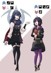 Rule 34 | 2girls, bare arms, black hair, blue eyes, blue hair, book, boots, cape, crests (fire emblem), fire emblem, fire emblem: three houses, highres, hood, hoodie, lucina (fire emblem), mikanmage, morgan (female) (fire emblem), morgan (fire emblem), multiple girls, nintendo, pantyhose, purple eyes, purple hoodie, thigh boots, tiara