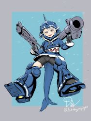 Rule 34 | 1girl, absurdres, bike shorts, black gloves, black shorts, blue background, blue hoodie, border, cosplay, dual wielding, gawr gura, gloves, grey border, gun, gundam, gundam 0080, highres, holding, holding gun, holding weapon, hololive, hololive english, holomyth, hood, hoodie, horns, kampfer (mobile suit), kampfer (mobile suit) (cosplay), mecha musume, open mouth, outside border, sharp teeth, shorts, silver hair, single horn, smile, solo, teeth, twitter username, uncleduk, virtual youtuber, weapon