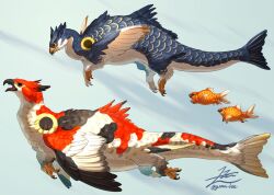 Rule 34 | animal focus, beak, bird wings, black eyes, blue background, chimera, commentary request, creature, feathered wings, fins, fish, from side, full body, koi, open mouth, original, profile, scales, signature, simple background, talons, twitter username, wings, yamamura le