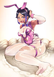 Rule 34 | 1girl, animal ears, black hair, bow, bowtie, breasts, cleavage, cleavage cutout, clothing cutout, cream, cream on body, detached sleeves, fang, feet, fishnets, food, hand on own head, heart cutout, highres, leotard, medium breasts, multicolored hair, open mouth, original, pantyhose, playboy bunny, purple eyes, purple hair, rabbit ears, rabbit tail, ryuusei (mark ii), sitting, solo, tail, thighs, torn clothes, torn pantyhose, wariza, white pantyhose
