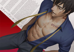 Rule 34 | 1boy, abs, character name, dutch angle, hands in pockets, kekkai sensen, looking at viewer, loose necktie, male focus, muscular, necktie, one eye closed, open clothes, open fly, open shirt, penguin frontier, shirt, solo, steven a. starphase, tagme, undressing