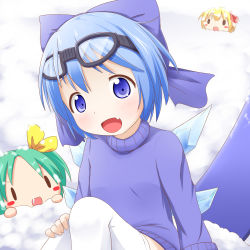 Rule 34 | 3girls, alternate costume, blonde hair, blue eyes, blue hair, blush stickers, bow, cirno, daiyousei, fang, goggles, goggles on head, green hair, hair bow, hair ribbon, highres, ice, ice wings, looking at viewer, makuran, multiple girls, naked sweater, open mouth, ribbon, rumia, side ponytail, smile, snot, snow, snow on head, snowboard, sweater, thighhighs, touhou, white legwear, wings, zettai ryouiki, | |