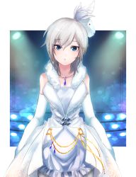 Rule 34 | 10s, 1girl, anastasia (idolmaster), blue eyes, dress, elbow gloves, gloves, hat, idolmaster, idolmaster cinderella girls, jewelry, necklace, pendant, pure white memories, silver hair, solo, standing, uro (uro zi)