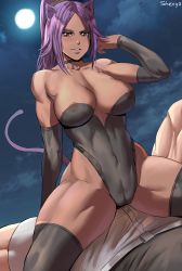 Rule 34 | 1boy, 1girl, absurdres, alternate costume, animal ears, areola slip, arm support, artist name, bare shoulders, black leotard, black thighhighs, bleach, breasts, cameltoe, cat ears, cat tail, choker, cloud, collarbone, covered navel, curvy, dark-skinned female, dark skin, full moon, hand up, hetero, high ponytail, highleg, highleg leotard, highres, large breasts, leotard, long hair, looking at another, looking at viewer, moon, muscular, muscular female, night, night sky, official alternate costume, outdoors, parted bangs, parted lips, patreon logo, patreon username, purple hair, shexyo, shihouin yoruichi, shorts, sitting, sitting on person, sky, spread legs, tail, thick thighs, thighhighs, thighs, wide hips