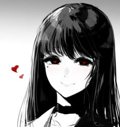 Rule 34 | 1girl, bad id, bad tumblr id, blush, choker, commentary, gradient background, grey background, greyscale, heart, heart-shaped pupils, hometa, long hair, looking at viewer, mole, mole under eye, monochrome, original, portrait, smile, solo, spot color, symbol-only commentary, symbol-shaped pupils