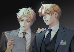 Rule 34 | 2boys, america (hetalia), axis powers hetalia, black necktie, black suit, blonde hair, blue eyes, breast pocket, collared shirt, formal, green eyes, hand on another&#039;s shoulder, highres, holding, holding paper, huacai, looking afar, looking at object, male focus, multiple boys, necktie, open mouth, paper, pocket, shirt, smile, striped necktie, suit, thick eyebrows, united kingdom (hetalia), waistcoat