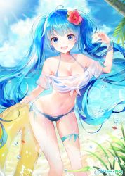 Rule 34 | 1girl, :d, absurdres, ahoge, artist name, bad id, bad twitter id, bare shoulders, beach, bikini, blue eyes, blue hair, blue sky, blush, breasts, cleavage, cloud, crop top, cutoffs, day, denim, denim shorts, feet out of frame, floating hair, flower, front-tie top, grass, groin, hair flower, hair ornament, halterneck, hand up, hatsune miku, hibiscus, highres, holding, innertube, large breasts, lens flare, long hair, looking at viewer, micro shorts, navel, ocean, off-shoulder shirt, off shoulder, open mouth, outdoors, palm tree, red flower, see-through, shirt, short sleeves, shorts, sky, smile, solo, standing, stomach, striped bikini, striped clothes, summer, swim ring, swimsuit, thigh strap, thighs, tied shirt, tree, twintails, twitter username, very long hair, vocaloid, water, water drop, wet, wet clothes, wet shirt, yuna (deadawon)