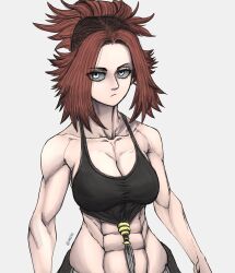 Rule 34 | 1girl, abs, blue eyes, breasts, cleavage, grey background, limn044, medium breasts, muscular, muscular female, original, red hair, simple background, solo, tank top