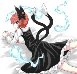 Rule 34 | 1girl, alternate costume, animal ears, black bow, black neckwear, black ribbon, black skirt, bow, braid, cat ears, chups, extra ears, frills, highres, hitodama, kaenbyou rin, lying, multiple tails, nail polish, on stomach, red eyes, red hair, red nails, ribbon, skirt, solo, tail, touhou, twin braids, two tails, white background