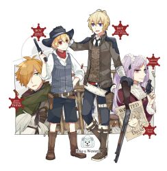 Rule 34 | 1girl, 5boys, billy the kid (fate), black gloves, black headwear, black pants, black shorts, blonde hair, blue eyes, boots, brown footwear, bullet, character name, child gilgamesh (fate), cowboy, cowboy hat, cowboy western, crosshair, david (fate), english text, engrish text, euryale (fate), fate/grand order, fate (series), gilgamesh (fate), gloves, green eyes, gun, hair over one eye, hand on another&#039;s head, handgun, hat, holding, holding gun, holding weapon, light purple hair, multiple boys, one eye closed, open mouth, orange hair, pants, pink eyes, ranguage, red eyes, rifle, robin hood (fate), shirt, shorts, smile, ss ii kk, thomas edison (fate), twintails, vest, wanted, weapon, western, white horse, white shirt