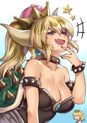 Rule 34 | 2girls, :d, absurdres, black dress, black nails, blonde hair, blue background, blue eyes, borrowed design, bowsette, bracelet, breasts, cleavage, collar, collarbone, commentary request, crown, dress, earrings, eyebrows, fang, fingers to chin, gradient background, hand on own chin, highres, horns, jewelry, kaorihero, large breasts, mario (series), mario tennis, multiple girls, nail polish, naughty face, nintendo, open mouth, partial commentary, ponytail, princess peach, sharp teeth, shell, shiny skin, smile, smug, solo focus, spiked bracelet, spiked collar, spikes, super star (mario), super crown, teeth, thick eyebrows, turtle shell, white background